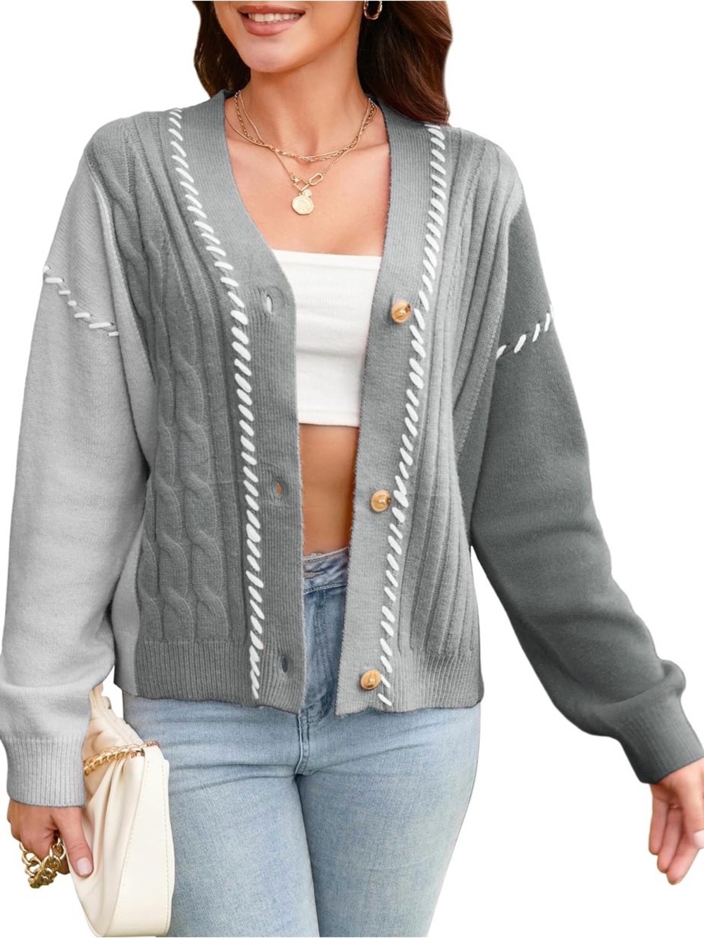 Oversized Gray Cable Knit Color Block Button-Up Cardigan Sweater NWOT Sz Med